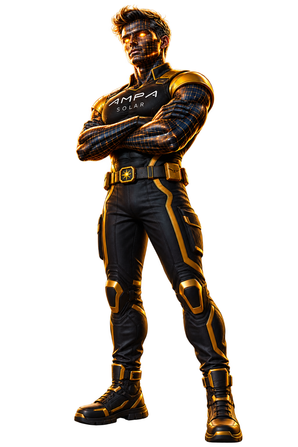 SolarMan, personaje de AmpaSolar, con los brazos cruzados
